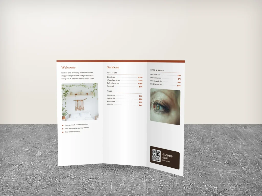Tri-fold brochure template BT-02 for a lash and brow studio: Terra, full photo cover, clean white inside