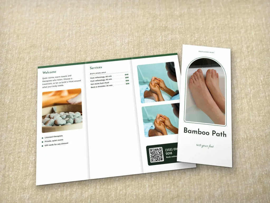 Tri-fold brochure template BT-03 for a spa: Bamboo Path, arch photo cover, white inside