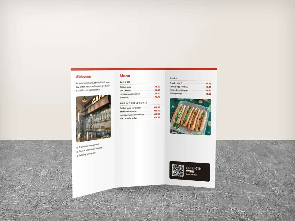 Tri-fold brochure template BT-04 for a restaurant: Little Lantern, full photo cover, clean white inside