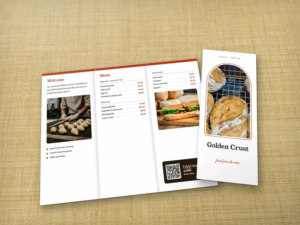 Tri-fold brochure template BT-05 for a bakery or café: Golden Crust, arch photo cover, white inside