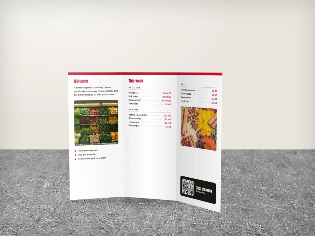 Tri-fold brochure template BT-06 for a shop: Lotus, big type cover on colour, white inside
