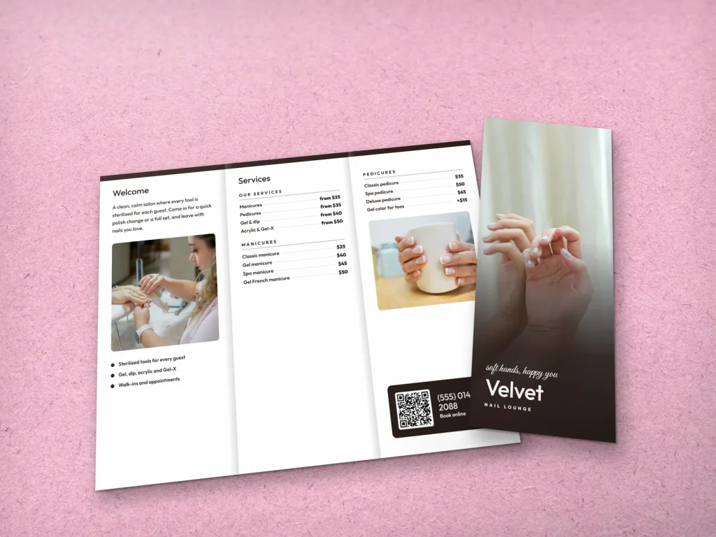 Tri-fold brochure template BT-07 for a nail salon: Velvet, full photo cover, clean white inside