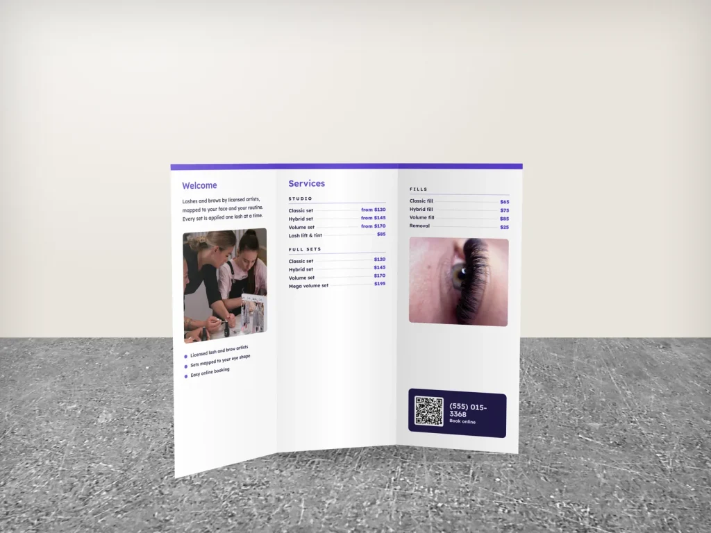 Tri-fold brochure template BT-08 for a lash and brow studio: Lumi, big type cover on colour, white inside