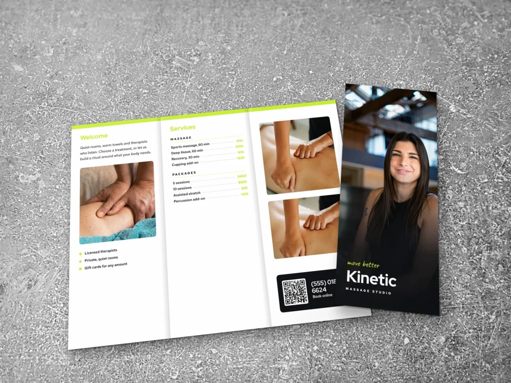 Tri-fold brochure template BT-09 for a spa: Kinetic, full photo cover, clean white inside