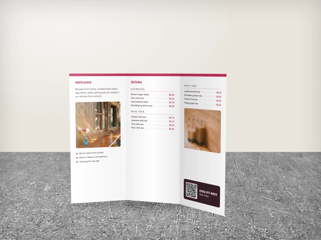 Tri-fold brochure template BT-10 for a restaurant: Lychee Lane, arch photo cover, white inside