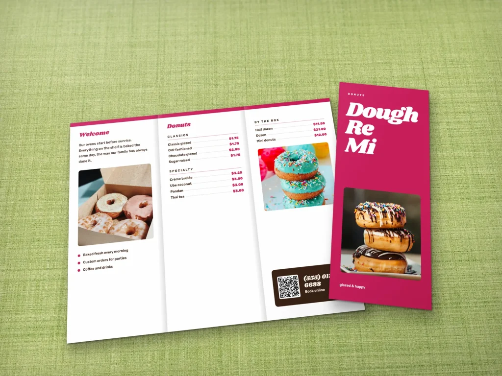 Tri-fold brochure template BT-11 for a bakery or café: Dough Re Mi, big type cover on colour, white inside