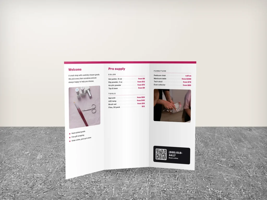 Tri-fold brochure template BT-12 for a shop: Gloss & Co., full photo cover, clean white inside