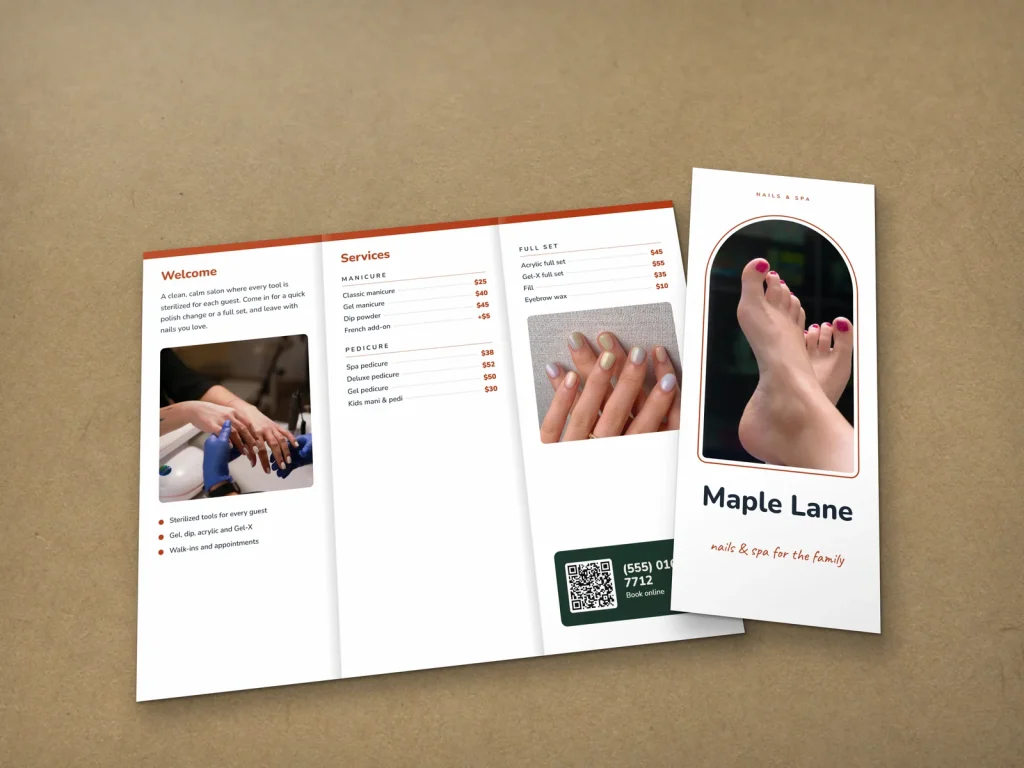 Tri-fold brochure template BT-13 for a nail salon: Maple Lane, arch photo cover, white inside
