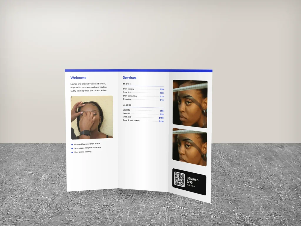 Tri-fold brochure template BT-14 for a lash and brow studio: Brow & Co., full photo cover, clean white inside