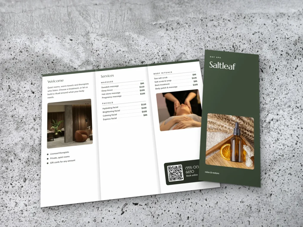Tri-fold brochure template BT-15 for a spa: Saltleaf, big type cover on colour, white inside