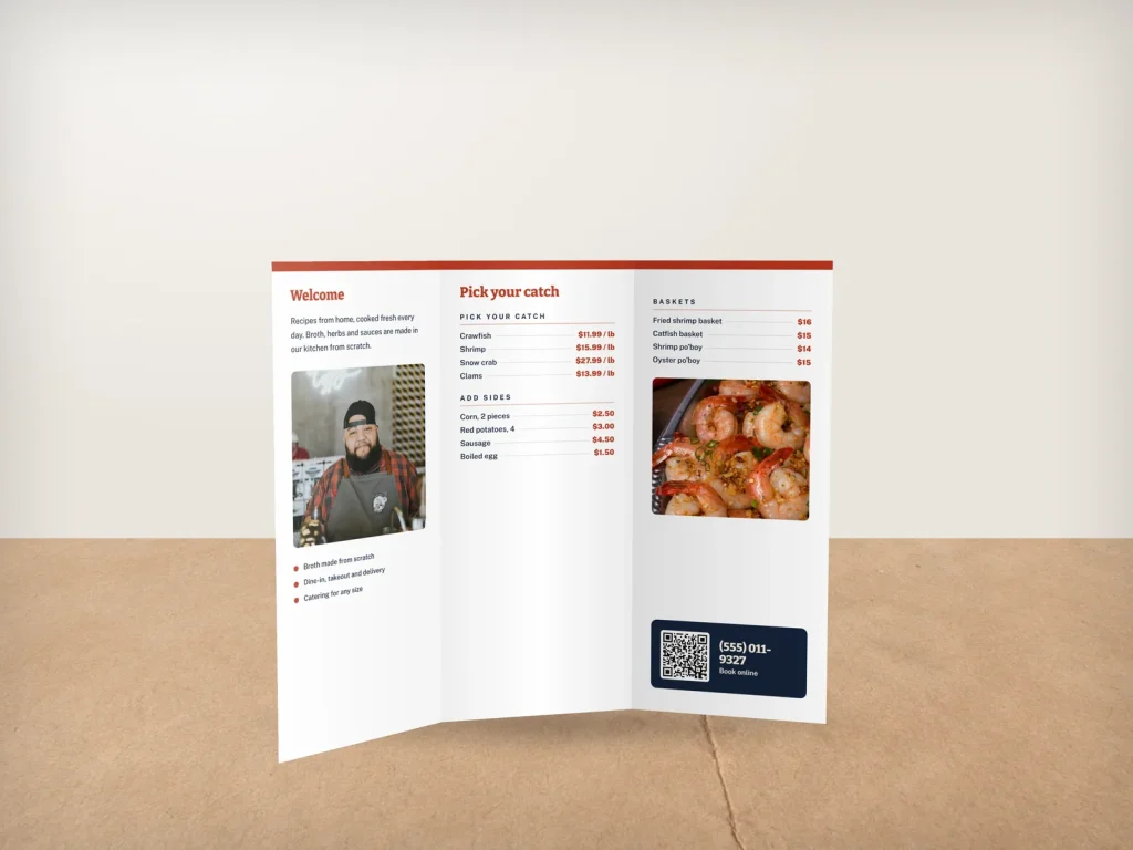 Tri-fold brochure template BT-16 for a restaurant: Bayou Boil, full photo cover, clean white inside