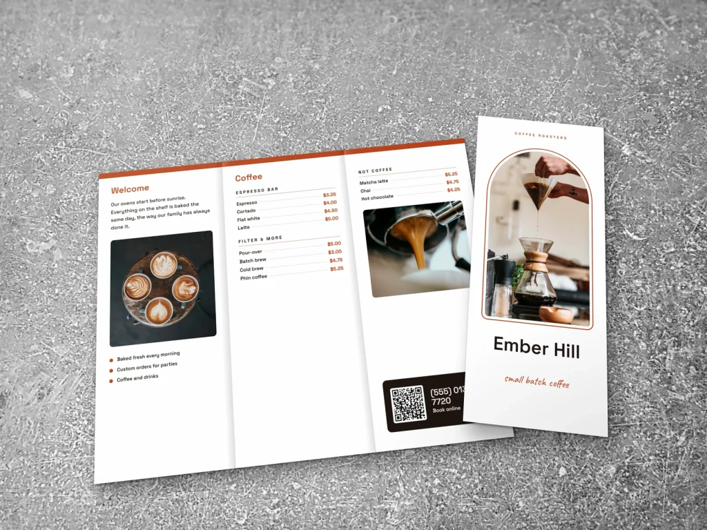 Tri-fold brochure template BT-17 for a bakery or café: Ember Hill, arch photo cover, white inside