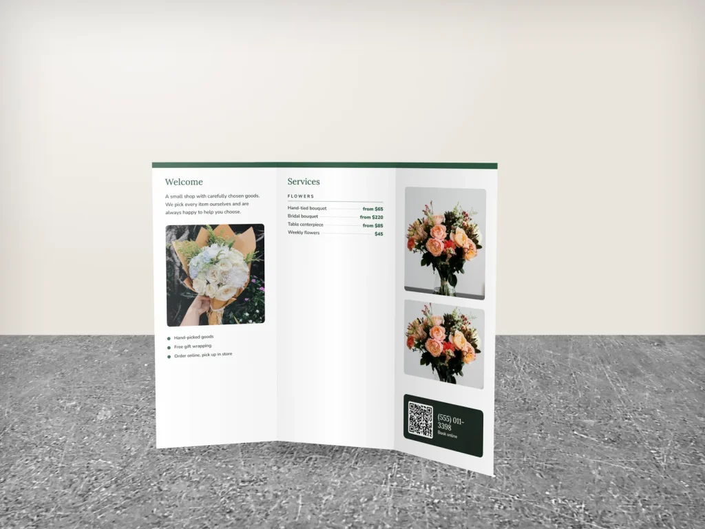Tri-fold brochure template BT-18 for a shop: Fern & Fable, big type cover on colour, white inside