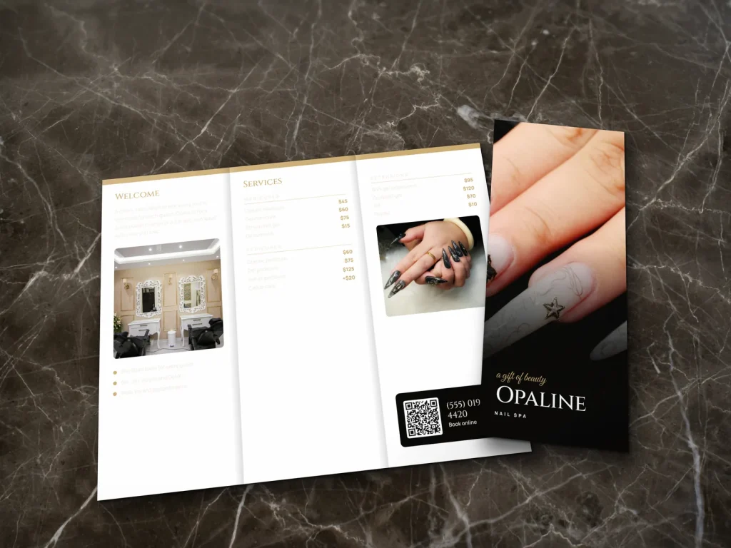 Tri-fold brochure template BT-19 for a nail salon: Opaline, full photo cover, clean white inside