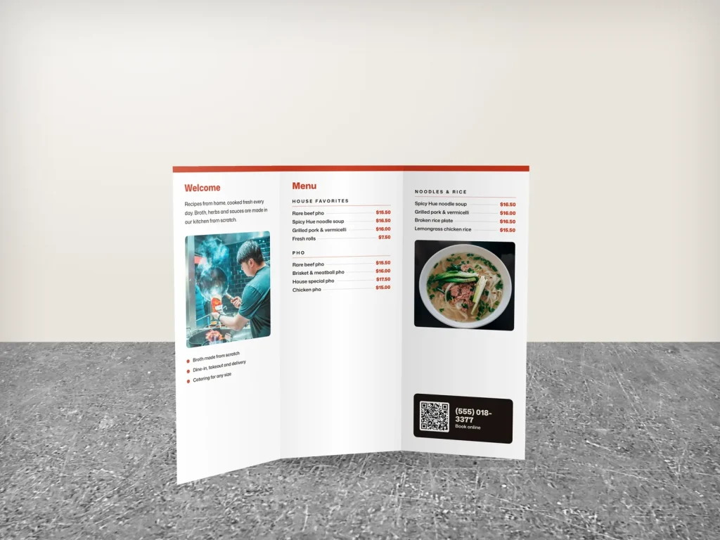 Tri-fold brochure template BT-20 for a restaurant: Copper Bowl, arch photo cover, white inside