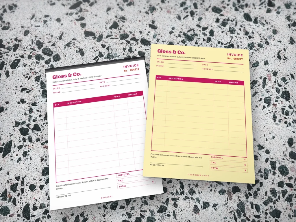 Carbonless form template CF-01 for a shop: Gloss & Co., nail supply wholesale invoice with magenta ruling