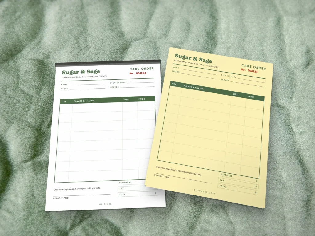 Carbonless form template CF-02 for a bakery or café: Sugar & Sage, cake order form with tier and filling columns