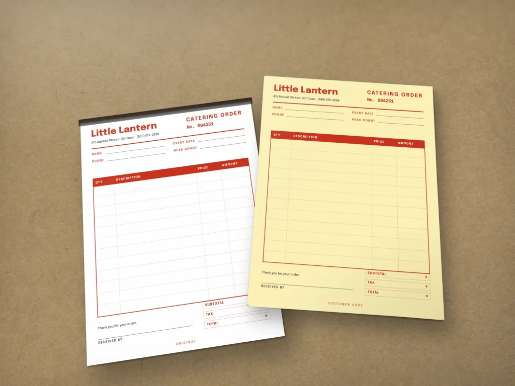 Carbonless form template CF-03 for a restaurant: Little Lantern, banh mi catering order with red ruling