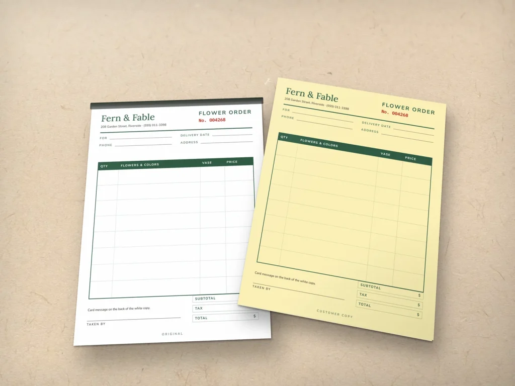Carbonless form template CF-04 for a shop: Fern & Fable, flower order form with delivery fields