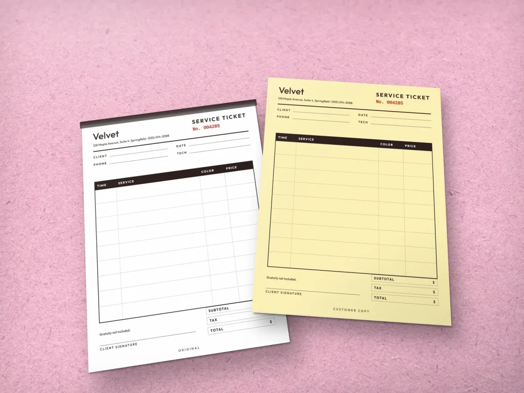 Carbonless form template CF-05 for a nail salon: Velvet, nail salon service ticket with a color column