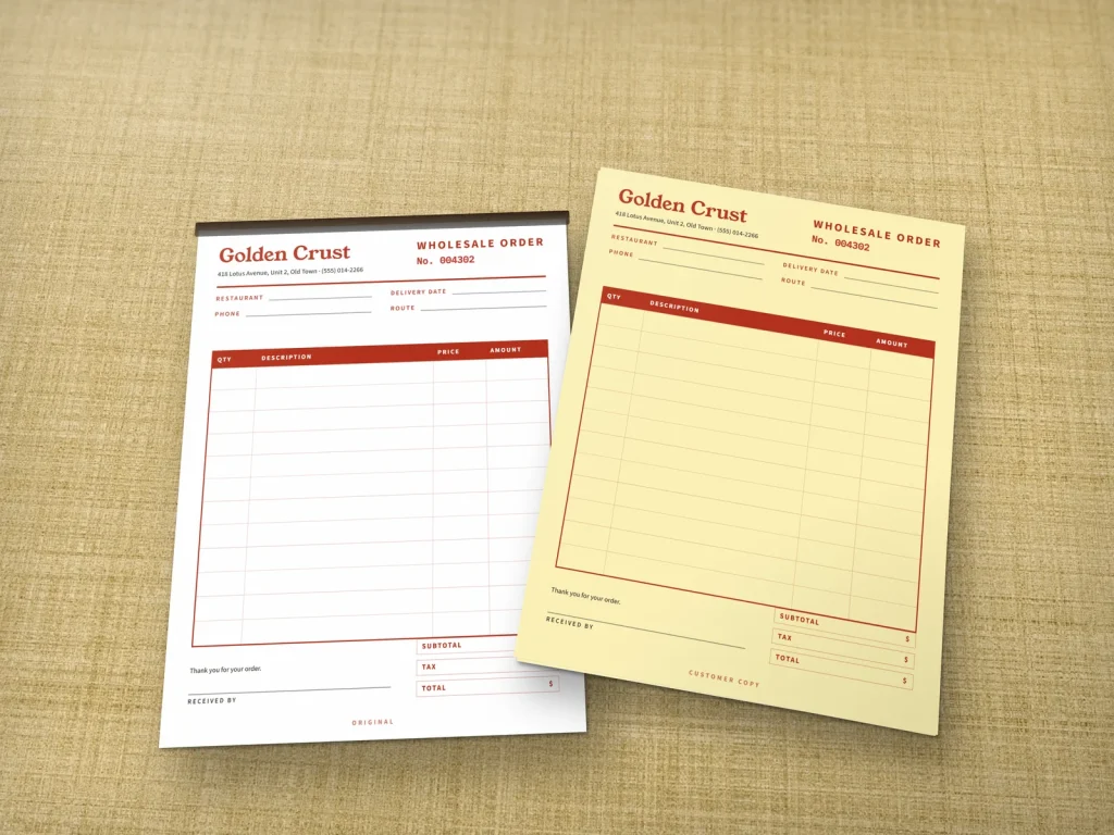 Carbonless form template CF-06 for a bakery or café: Golden Crust, wholesale bread order for restaurants