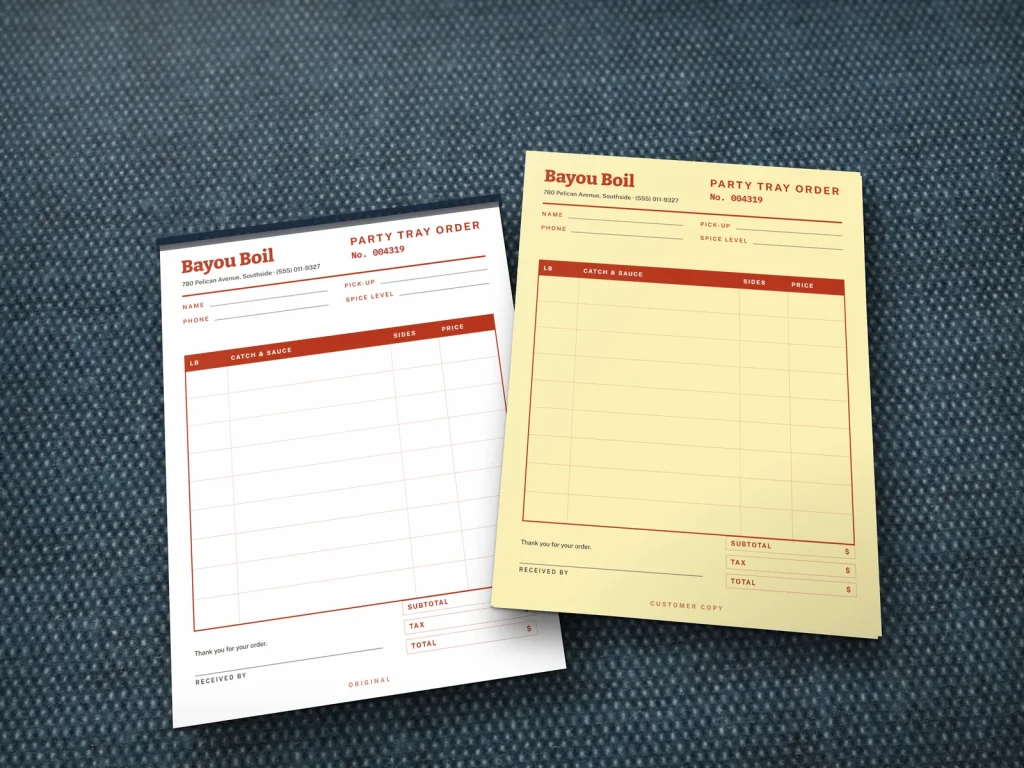 Carbonless form template CF-07 for a restaurant: Bayou Boil, seafood tray order with a spice column