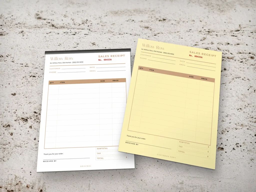 Carbonless form template CF-08 for a shop: Willow Row, fashion sales receipt with fine type
