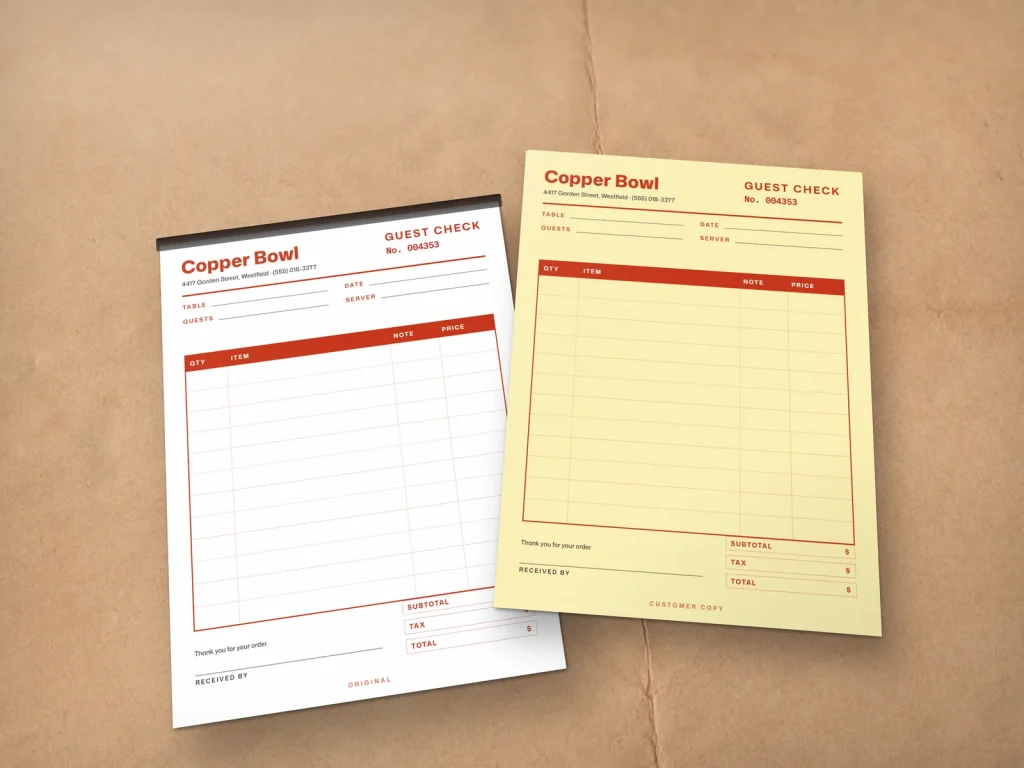 Carbonless form template CF-09 for a restaurant: Copper Bowl, restaurant guest check with copper red ruling