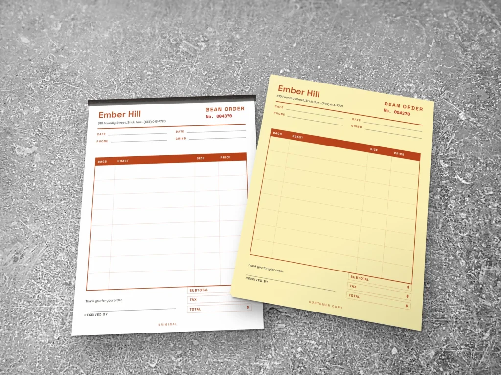 Carbonless form template CF-10 for a bakery or café: Ember Hill, wholesale coffee bean order