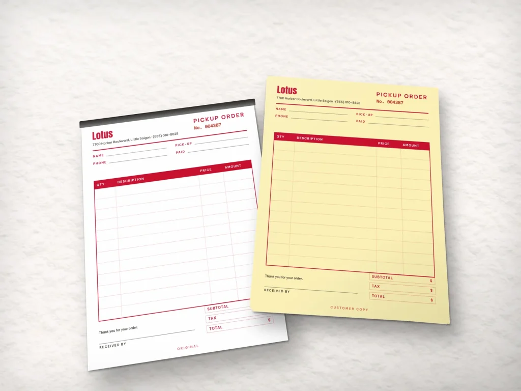 Carbonless form template CF-11 for a shop: Lotus, market pickup order in red and yellow