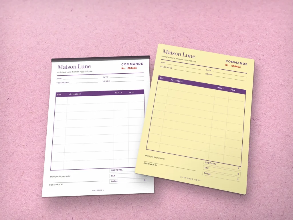 Carbonless form template CF-12 for a bakery or café: Maison Lune, pastry order form in plum