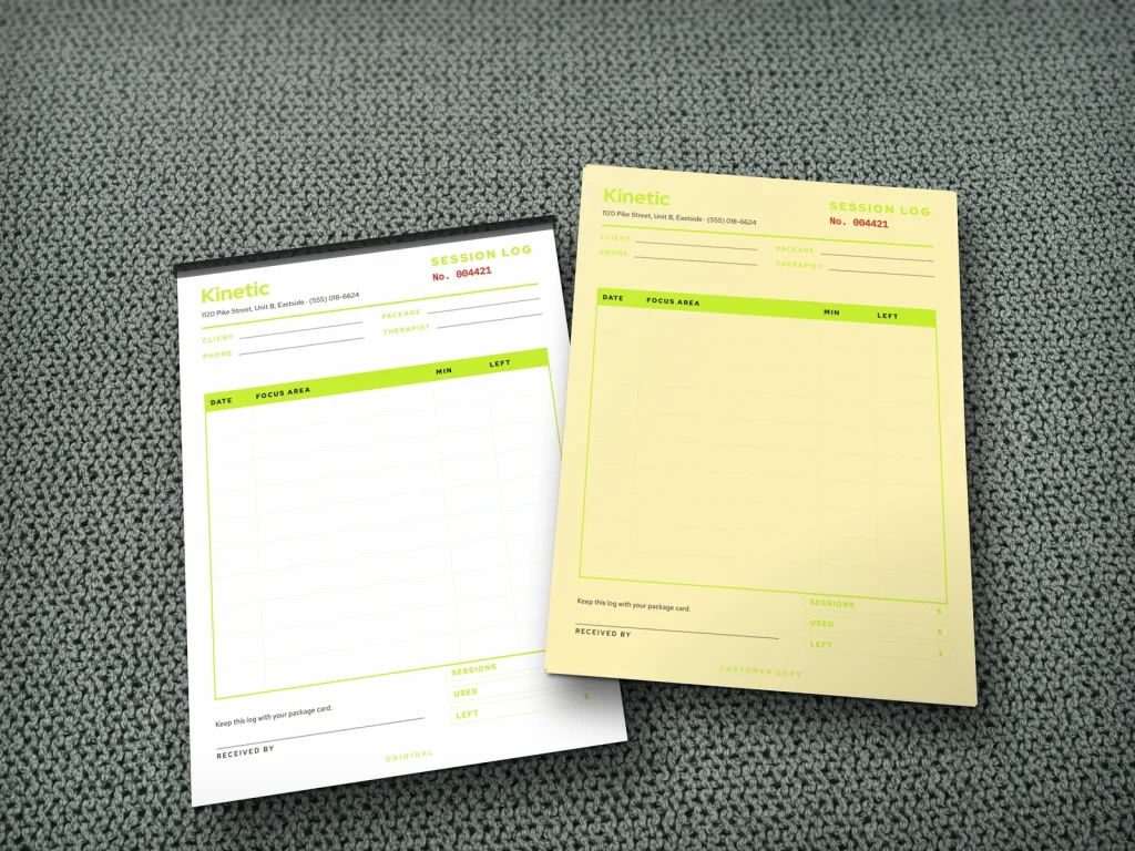 Carbonless form template CF-13 for a spa: Kinetic, massage package session log