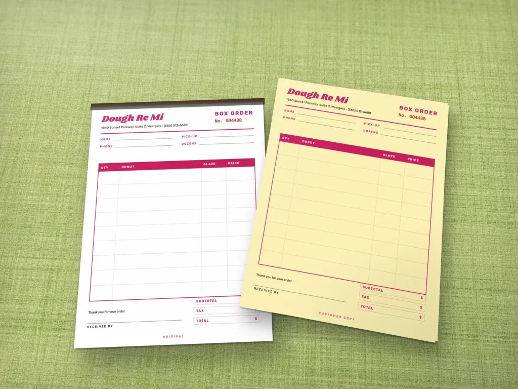 Carbonless form template CF-14 for a bakery or café: Dough Re Mi, donut box order in candy pink