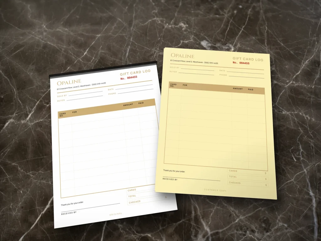 Carbonless form template CF-15 for a nail salon: Opaline, gift card sales log