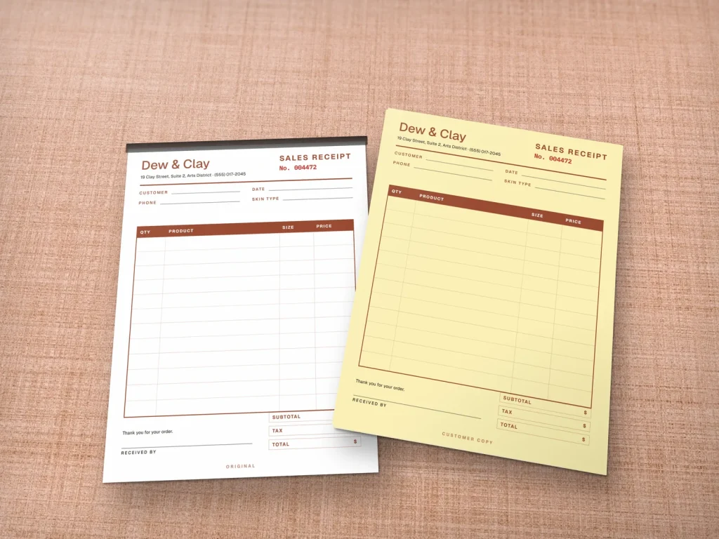 Carbonless form template CF-16 for a shop: Dew & Clay, skincare receipt with a skin type field
