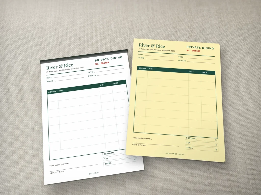 Carbonless form template CF-17 for a restaurant: River & Rice, private dining order with a diet column