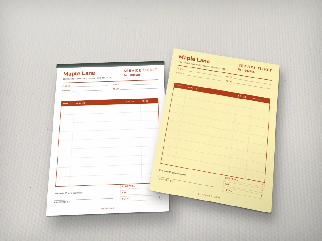 Carbonless form template CF-18 for a nail salon: Maple Lane, family nail salon service ticket in rust