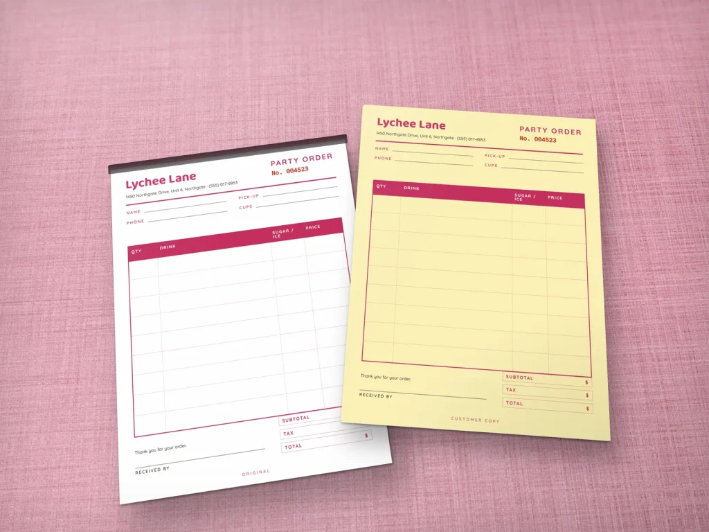 Carbonless form template CF-19 for a restaurant: Lychee Lane, boba party order with sugar and ice columns