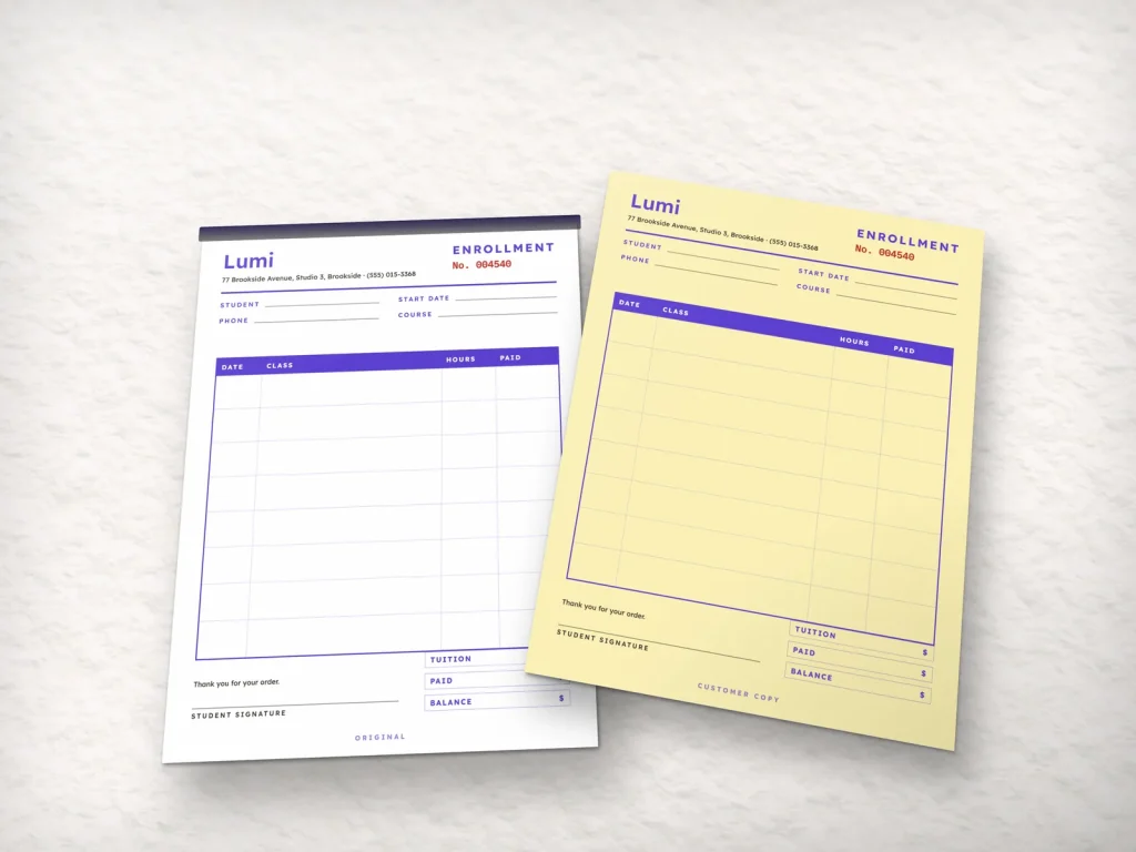 Carbonless form template CF-20 for a lash and brow studio: Lumi, lash course enrollment form