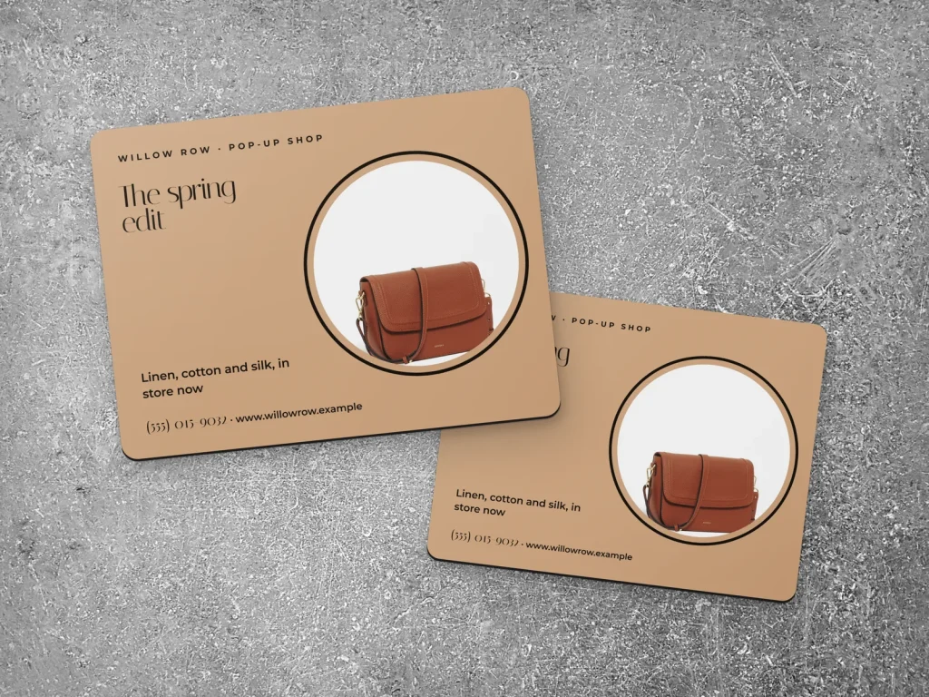 Mẫu nam châm dán xe CM-14 cho cửa hàng: Willow Row, chữ lớn đen, ảnh túi da, cho các buổi bán hàng pop-up