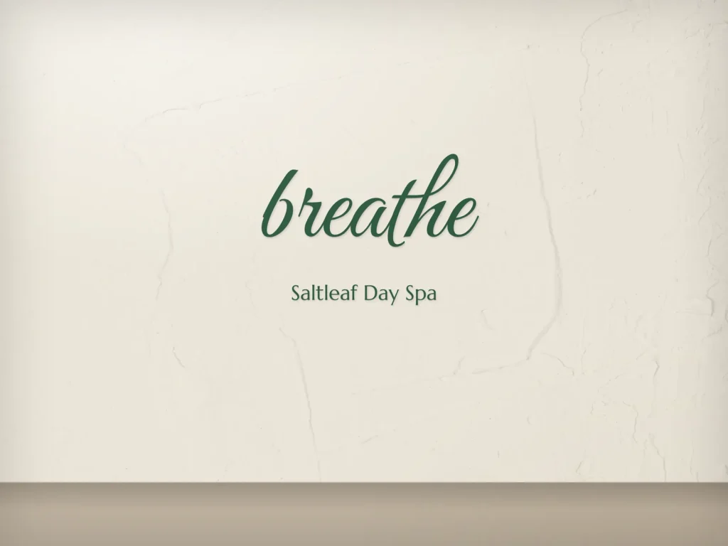 Cut vinyl lettering template CV-05 for a spa: Saltleaf, green script, “breathe”