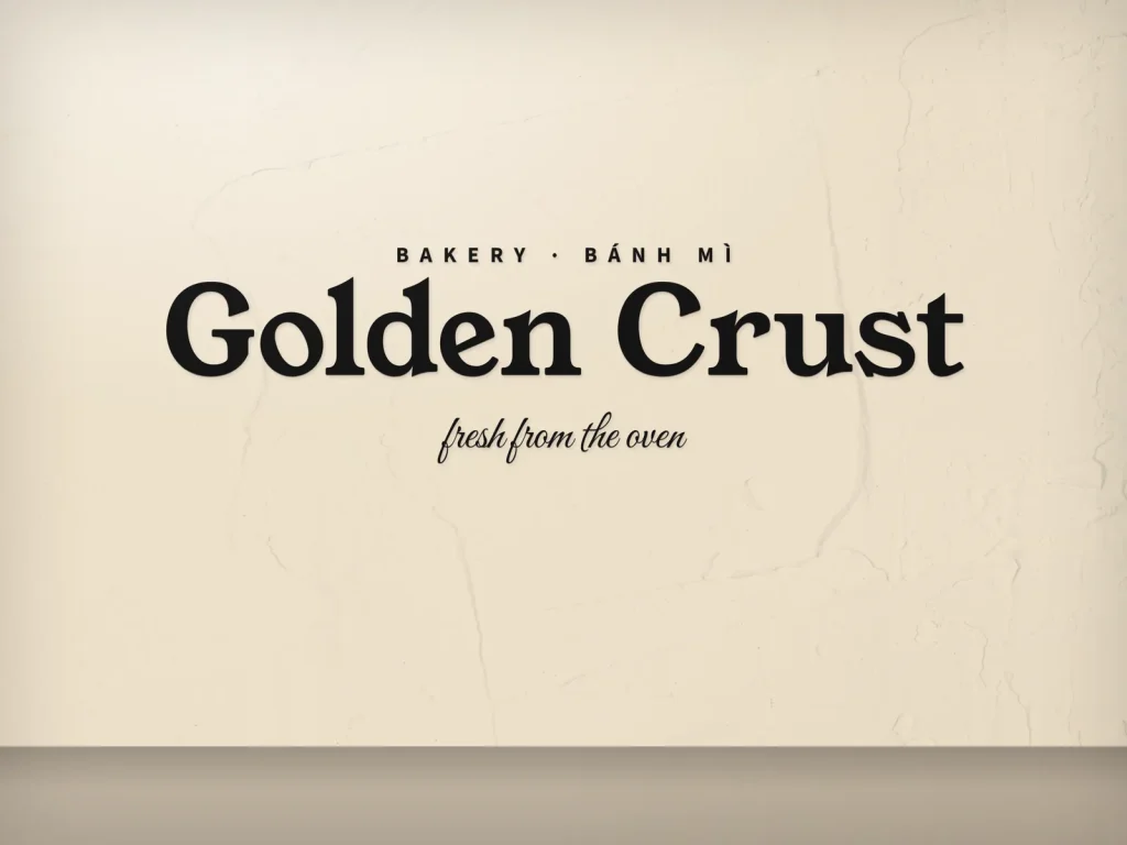 Cut vinyl lettering template CV-06 for a bakery or café: Golden Crust, black bakery name on a cream wall