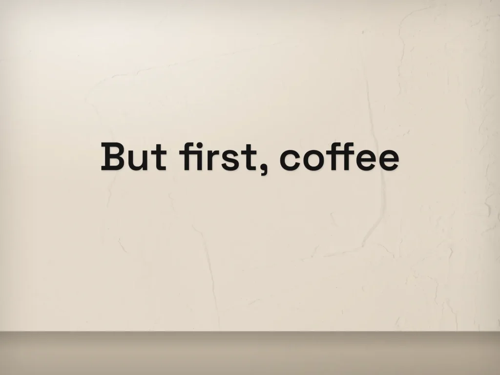 Cut vinyl lettering template CV-08 for a bakery or café: Ember Hill, black “But first, coffee”