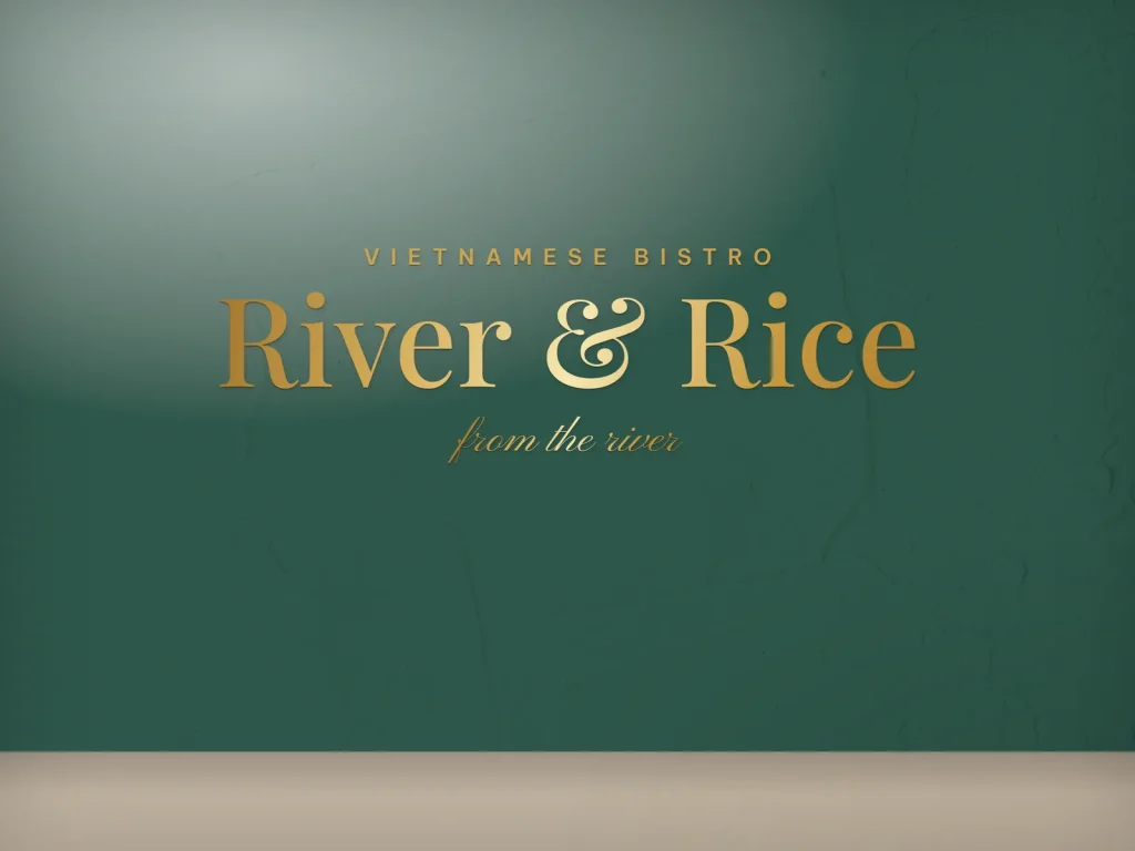 Cut vinyl lettering template CV-10 for a restaurant: River & Rice, gold restaurant name on a forest wall