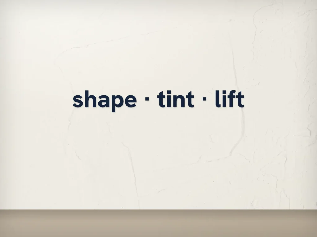 Cut vinyl lettering template CV-11 for a lash and brow studio: Brow & Co., navy “shape · tint · lift”