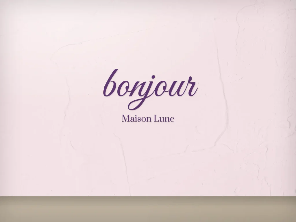 Cut vinyl lettering template CV-15 for a bakery or café: Maison Lune, plum script, “bonjour”