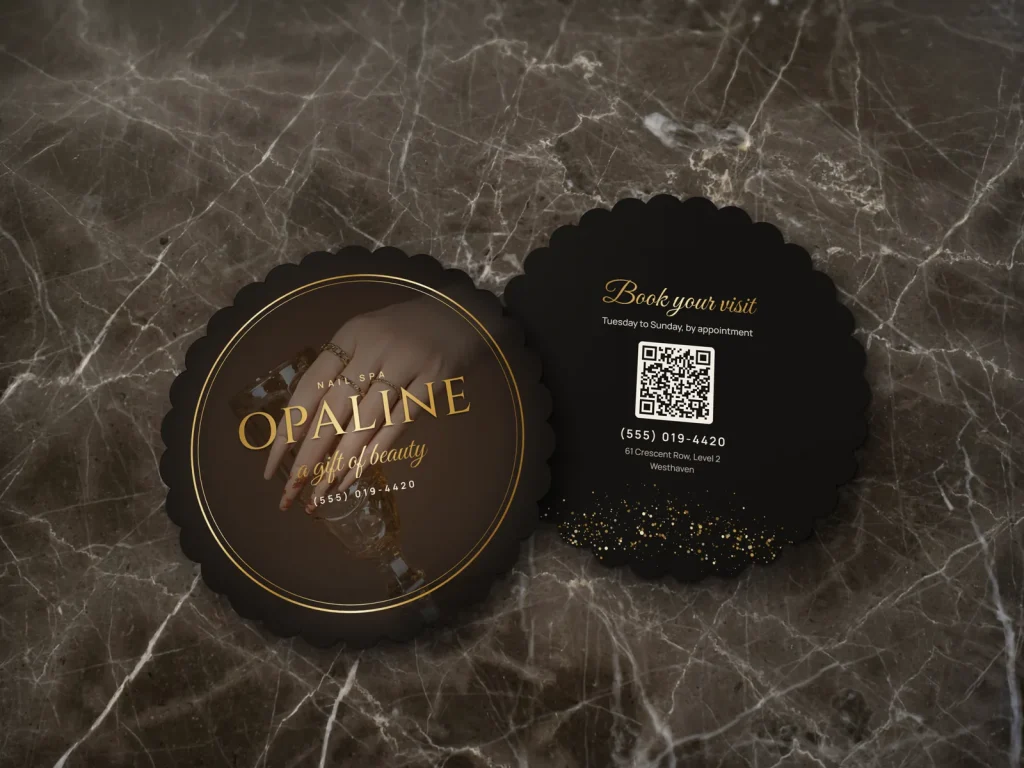 Die-cut business card template DC-01 for a nail salon: Opaline, scalloped rosette, nails and champagne photo, gold foil type