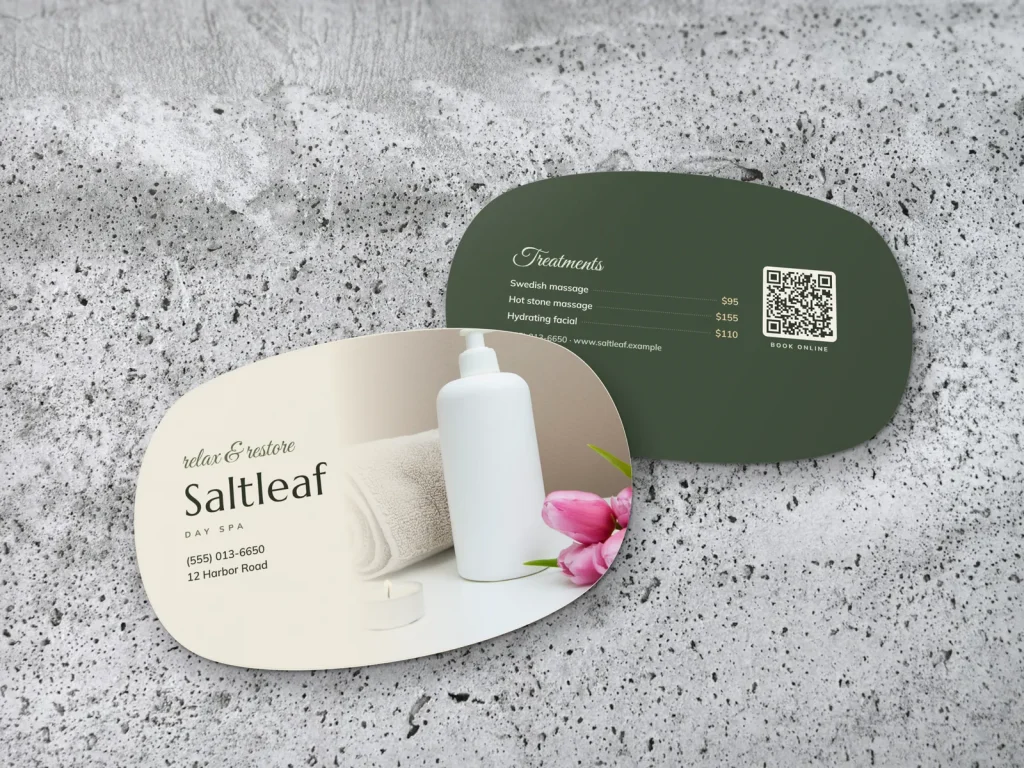 Die-cut business card template DC-03 for a spa: Saltleaf, river pebble shape, towel and tulips photo, light serif type
