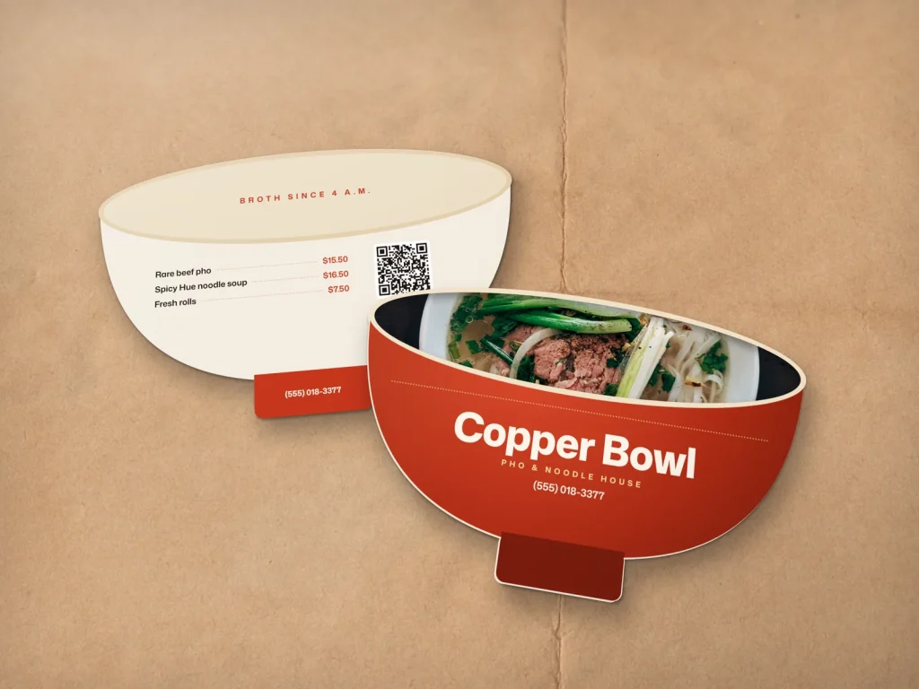 Die-cut business card template DC-04 for a restaurant: Copper Bowl, noodle bowl shape with a pho photo in the rim