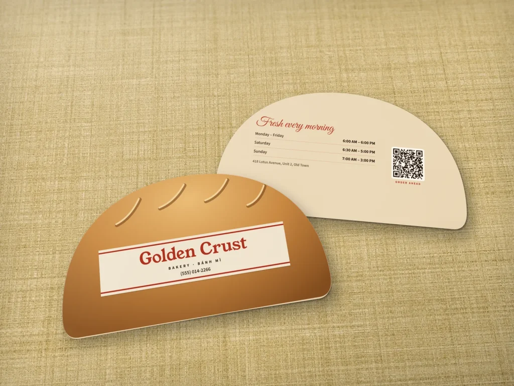 Die-cut business card template DC-05 for a bakery or café: Golden Crust, golden loaf shape with score marks and a paper band